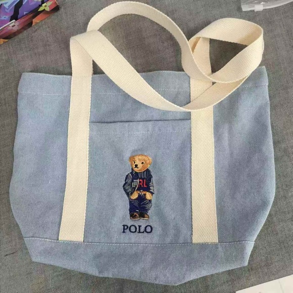 Polo by Ralph Lauren Light Blue Denim Tote Bag Bear Embroidered - Picture 4 of 6